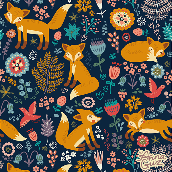 Паттерн бесшовный с лисами и цветами