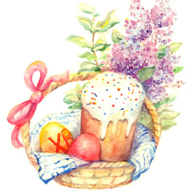 Пасха. Корзинка с куличом и яйцами