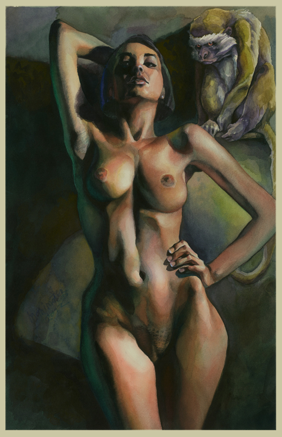 Ню.Девушка с обезьяной. акварель