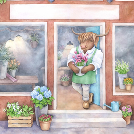 Цветочная лавка быка Степана, детская книжная иллюстрация