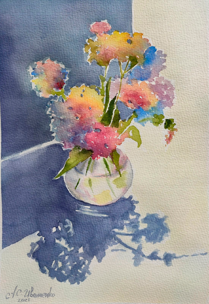 Гортензии в вазе. Акварель