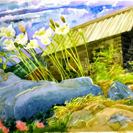 Домики.цветочки.40×60