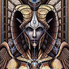 Battle angel with wings in mechanical armor.