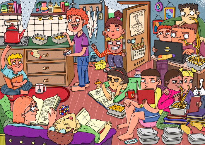 все едят лапшу. студенты