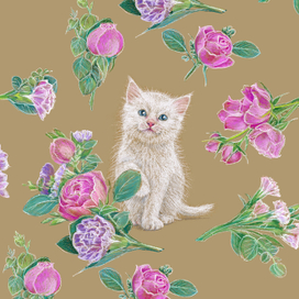 Поздравительный паттерн с котиком в окружении цветов