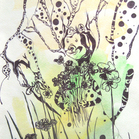 Кошка по лесу гуляет. Графика. Открытка