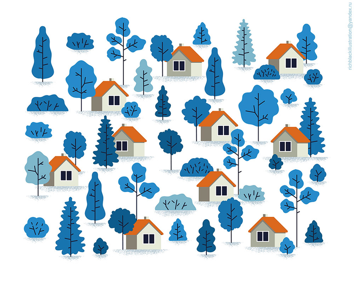 Pattern with Cottages and Trees