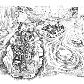 Серия иллюстраций для книги "Паучий замок" эпизод "Спуск по реке"