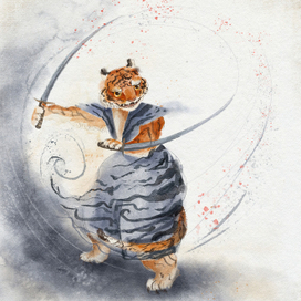 Тигр в бою акварельный