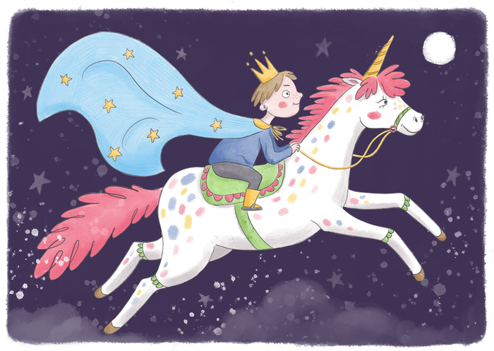 Маленький принц путешествует по вселенной со своим единорогом