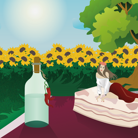 Самогон и сало на фоне подсолнухов