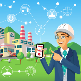 flat design, factory and man with a phone