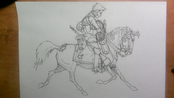 Конный гренадер гвардии перед парадом вставляет перьевой султан в свою медвежью шапку. Эскиз