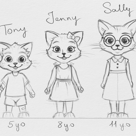 Разработка персонажей, три котенка, эскизы