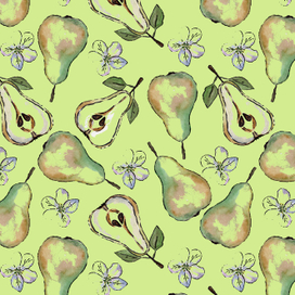 Акварельный паттерн из груш и цветов на салатовоm фоне.