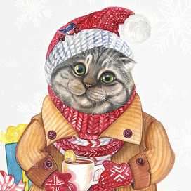 Кот новогодний с чаем