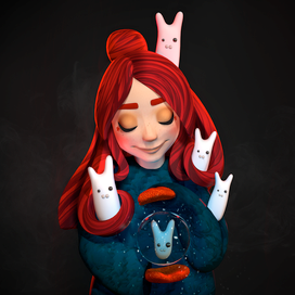 Red Girl with Rabbits