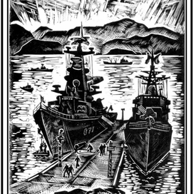 Линогравюра: Ракетный крейсер "Устинов"