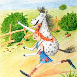 Пеппи несет лошадь