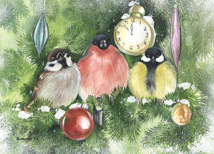 Воробушек, снегирь и синичка