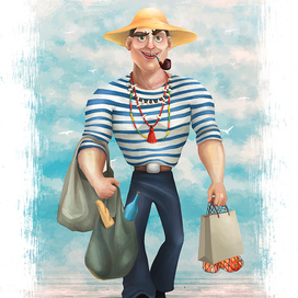 моряк в нелепой шляпе с покупками из портового магазина