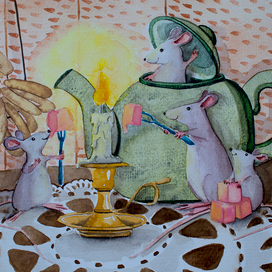 Мышата и маршмеллоу. Акварель