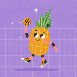 Энергичный ананас персонаж играет в баскетбол