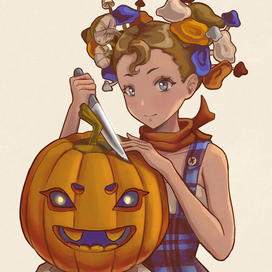 Аниме девушка с тыквой на Хэллоуин