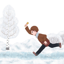 Чарли бежит домой с золотым билетом в руке.