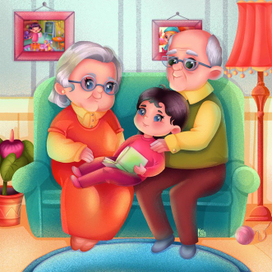 Бабушка и дедушка читают книгу с внучкой.