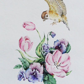 Тюльпаны, анютины глазки и воробей