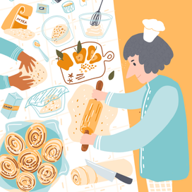 Рецепт булочек Синнабон. Кулинарная книга. Фуд иллюстрация