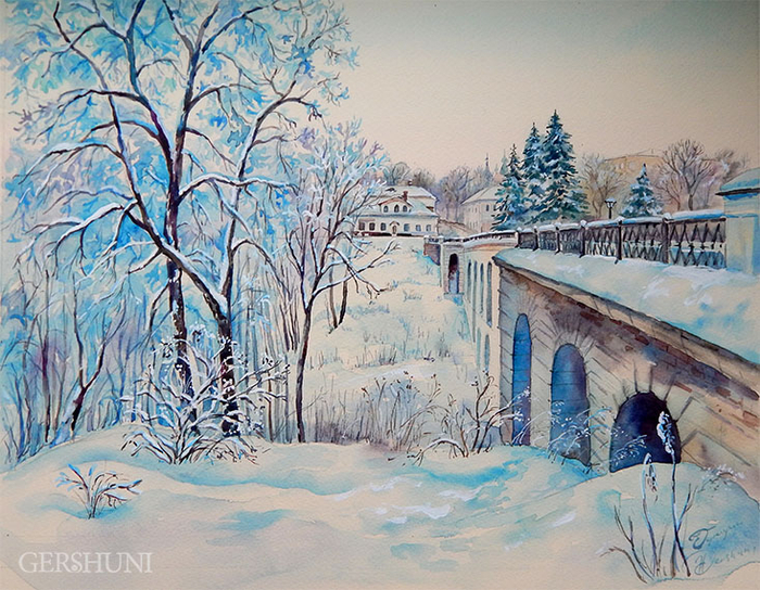 Зима. Пейзаж.Акварель.