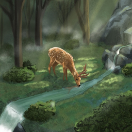 Иллюстрация лес и олень