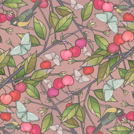 Синички среди веток черешни. Иллюстрация. Цифровая живопись