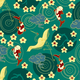 Узор из Южной Кореи с аистами и рыбками-драконами