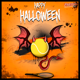 Иллюстрация на Хэллоуин. Теннисный мяч в виде демона