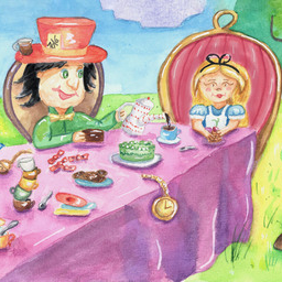 "Безумное чаепитие" сцена из книги "Алиса в стране чудес" 