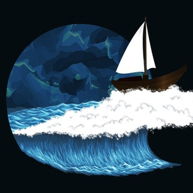 The ship sails over the waves.