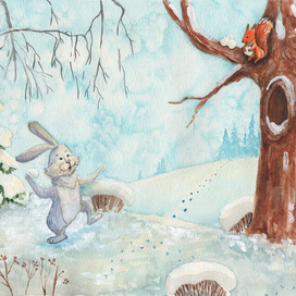 Зайчик и белочка играют в снежки