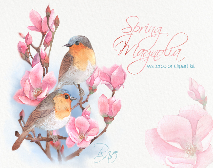 Птицы на ветке акварельный клипарт