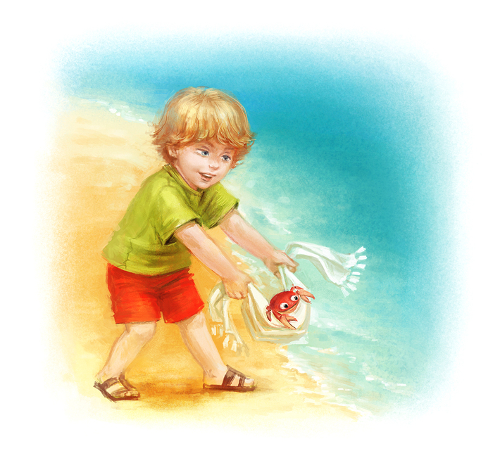 Тим выпускает крабика в море