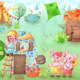 Разворот в смешанной технике к сказке"Три Поросенка"