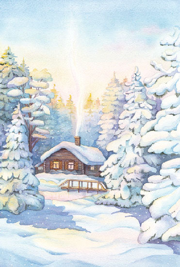 Домик на рассвете. Иллюстрация для новогодней открытки