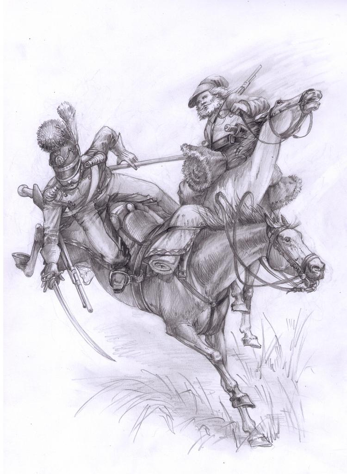 Эскиз. Схватка казака с баварским шеволежером. Удар пикой сзади