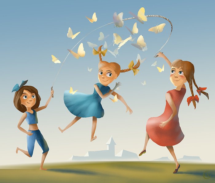 Девочки со скакалкой и бабочки