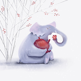 Слон чаёвничает под кустом рябины