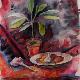 Натюрморт с эуфорбией, чесноком и гнилыми яблоками