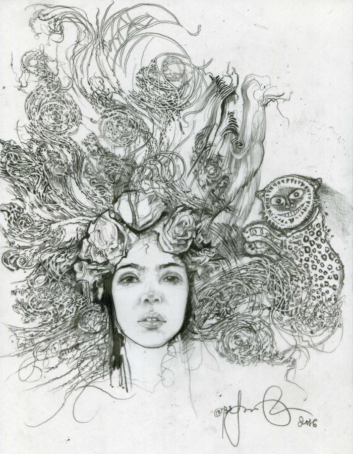 Author's illustration. Alice and the Cheshire Cat. Lewis Carroll, "Alice in Wonderland" .  2016.