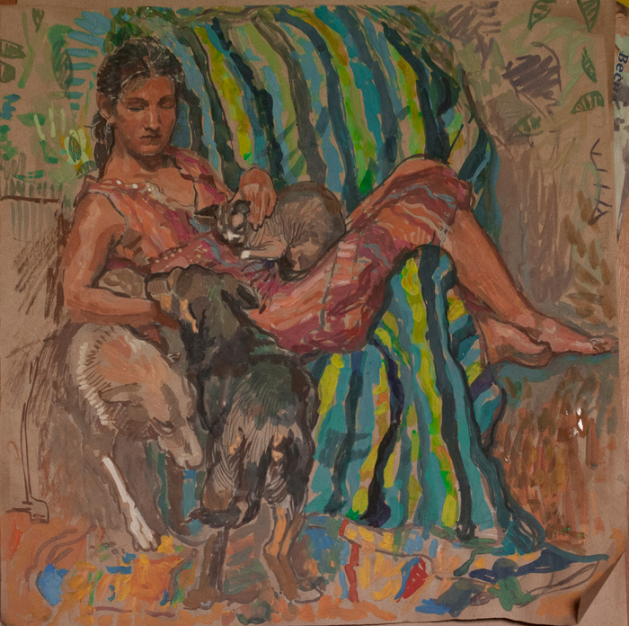 Девушка с собаками и кошкой